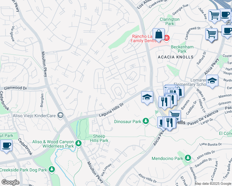 map of restaurants, bars, coffee shops, grocery stores, and more near 852 Ronda Mendoza in Laguna Woods