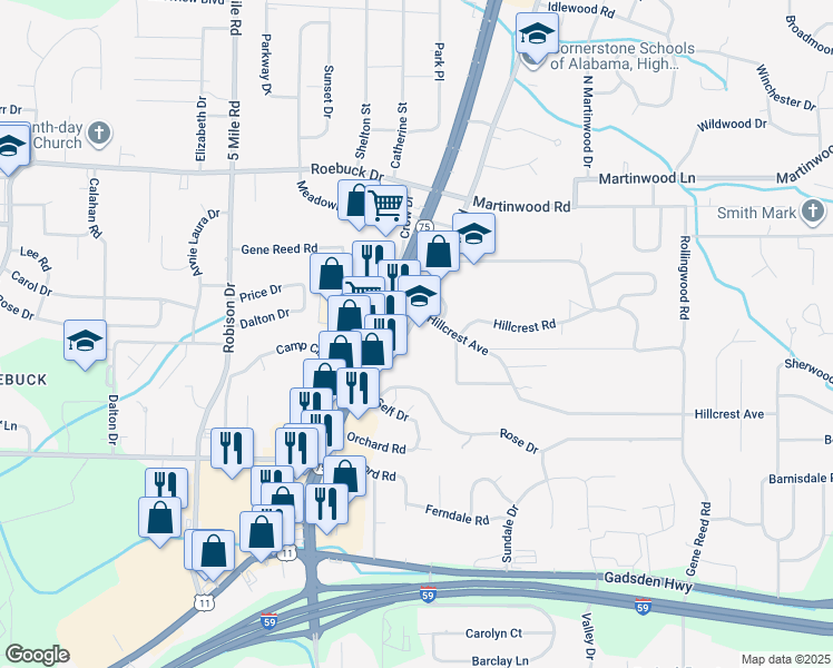map of restaurants, bars, coffee shops, grocery stores, and more near 517 Huffman Road in Center Point