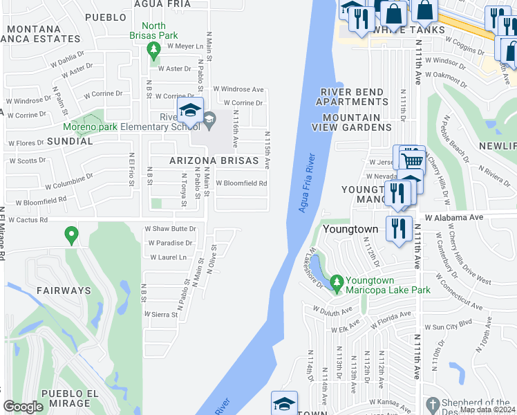 map of restaurants, bars, coffee shops, grocery stores, and more near 11514 West Wethersfield Road in El Mirage