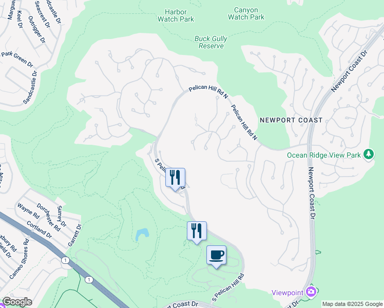 map of restaurants, bars, coffee shops, grocery stores, and more near 1 Pelican Crest Drive in Newport Beach