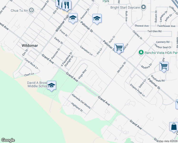map of restaurants, bars, coffee shops, grocery stores, and more near 32827 Virgo Way in Wildomar