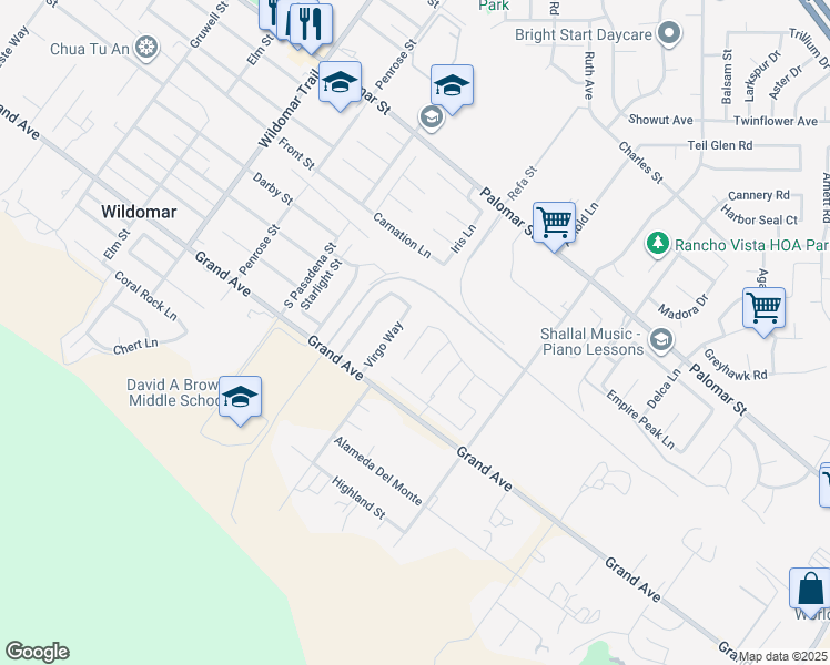 map of restaurants, bars, coffee shops, grocery stores, and more near 36237 Sunset Ridge Court in Wildomar