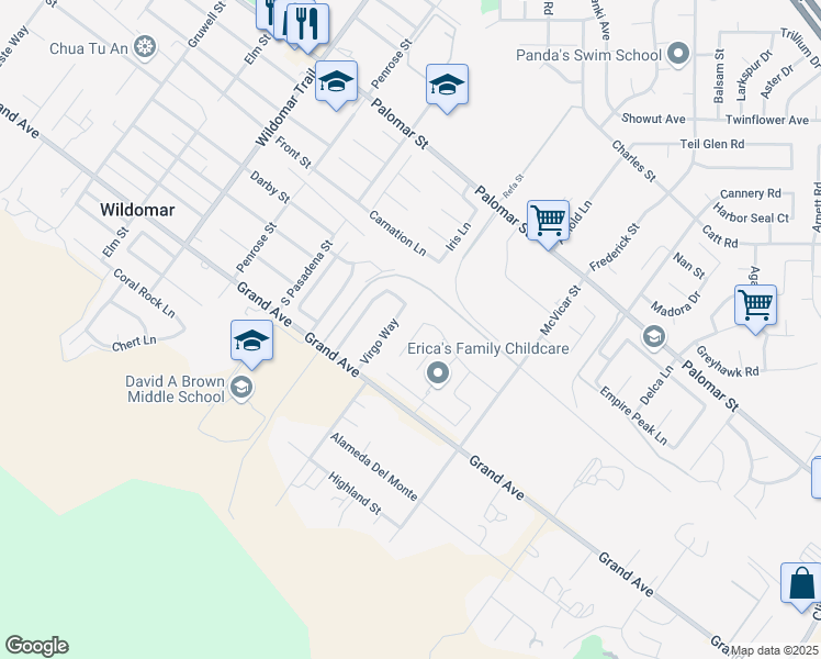 map of restaurants, bars, coffee shops, grocery stores, and more near 36237 Sunset Ridge Court in Wildomar