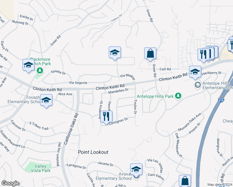 map of restaurants, bars, coffee shops, grocery stores, and more near 26840 Mandelieu Drive in Murrieta