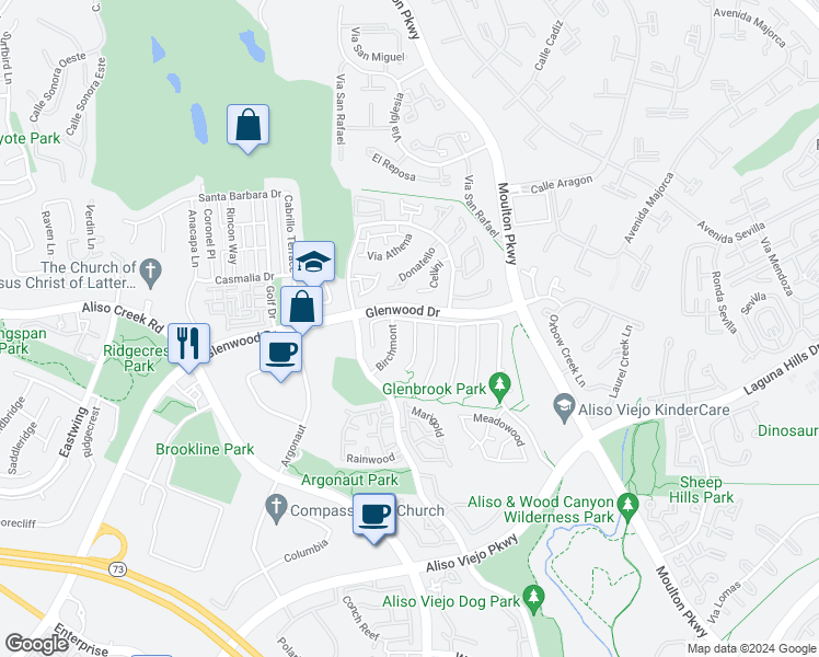 map of restaurants, bars, coffee shops, grocery stores, and more near 3 Coralwind in Aliso Viejo