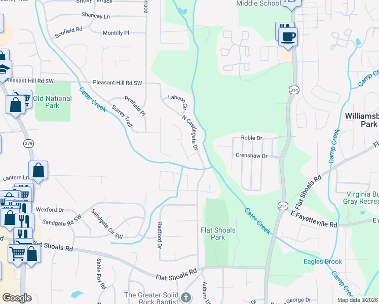 map of restaurants, bars, coffee shops, grocery stores, and more near 5882 Sheldon Court in Atlanta