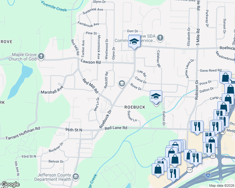 map of restaurants, bars, coffee shops, grocery stores, and more near 9809 Greenlee Circle in Birmingham