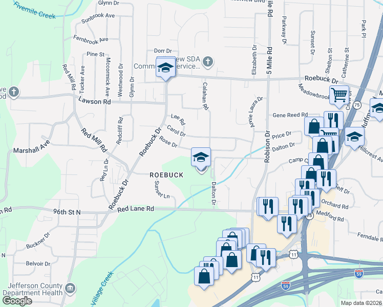 map of restaurants, bars, coffee shops, grocery stores, and more near 136 Rose Drive in Birmingham