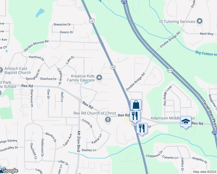 map of restaurants, bars, coffee shops, grocery stores, and more near 5891 Amerson Lane in Ellenwood