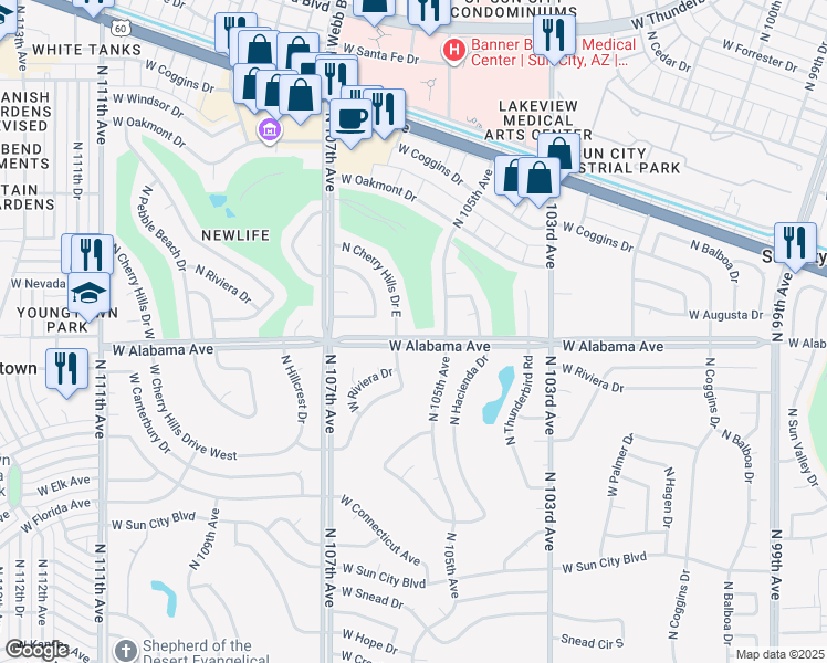 map of restaurants, bars, coffee shops, grocery stores, and more near 12217 North Cherry Hills Drive East in Sun City