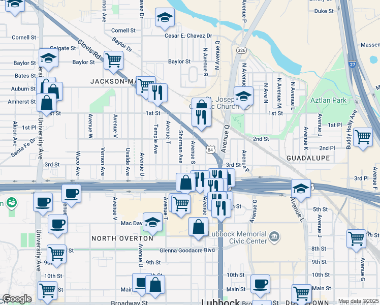map of restaurants, bars, coffee shops, grocery stores, and more near 212 Avenue S in Lubbock
