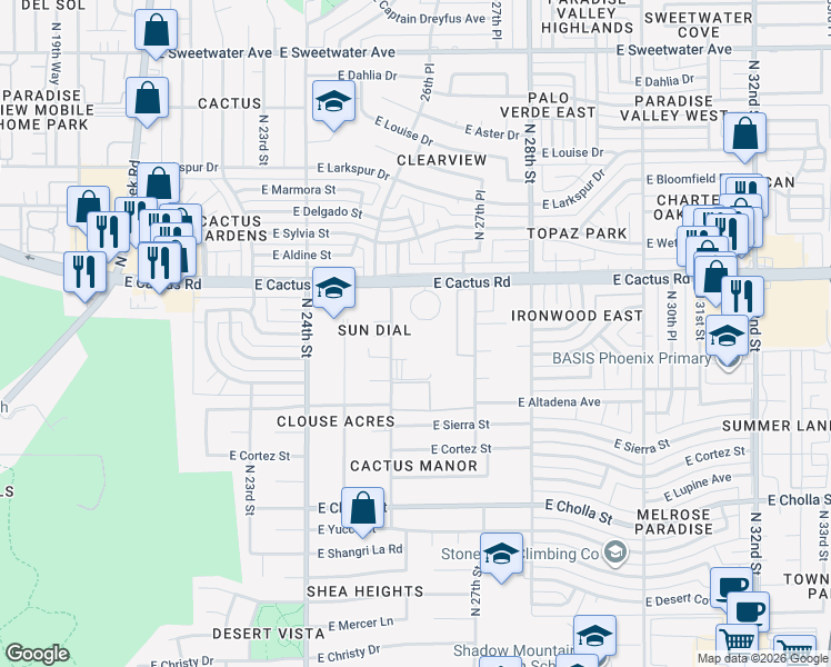 map of restaurants, bars, coffee shops, grocery stores, and more near 2625 East Cactus Road in Phoenix