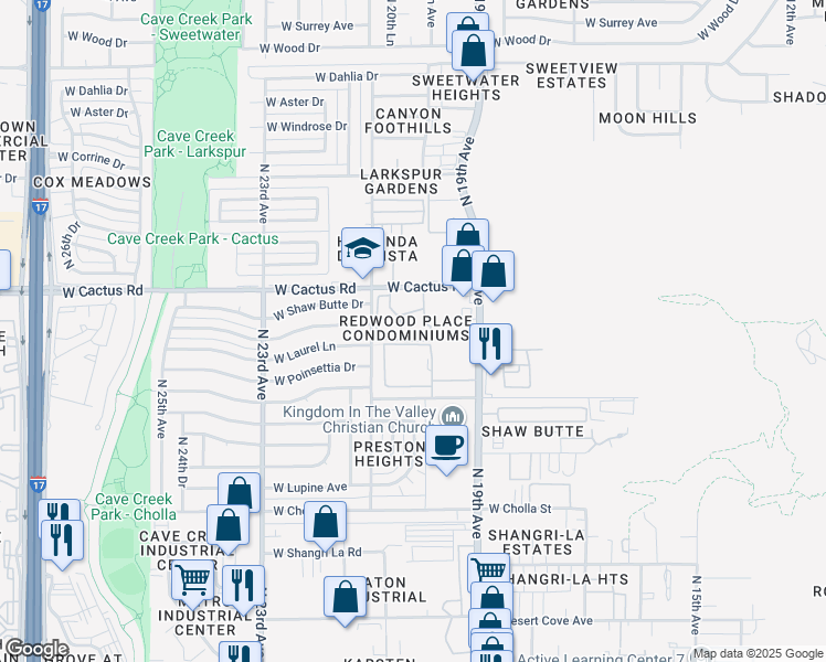 map of restaurants, bars, coffee shops, grocery stores, and more near 2015 West Cactus Road in Phoenix