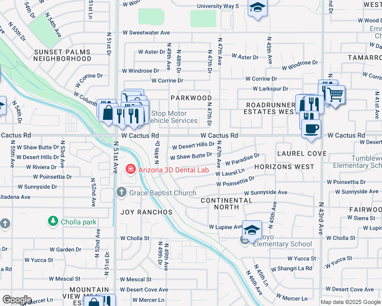 map of restaurants, bars, coffee shops, grocery stores, and more near 4813 West Desert Hills Drive in Glendale