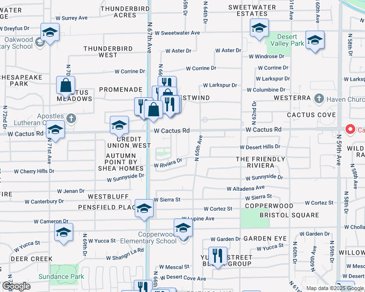 map of restaurants, bars, coffee shops, grocery stores, and more near 6565 West Cactus Road in Glendale