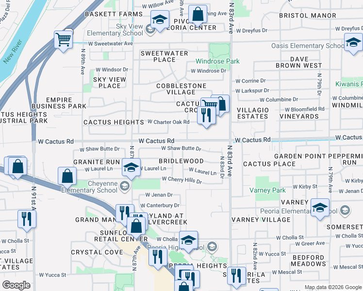 map of restaurants, bars, coffee shops, grocery stores, and more near 8509 West Wethersfield Road in Peoria