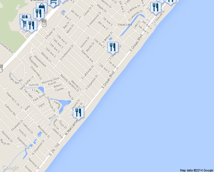 map of restaurants, bars, coffee shops, grocery stores, and more near 1217 Ocean Boulevard South in Surfside Beach