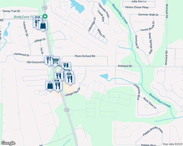map of restaurants, bars, coffee shops, grocery stores, and more near 230 Mackenzie Court in Covington