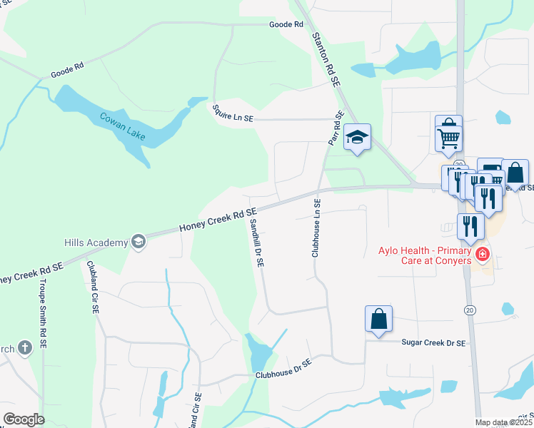 map of restaurants, bars, coffee shops, grocery stores, and more near 599 Honey Creek Road Southeast in Conyers