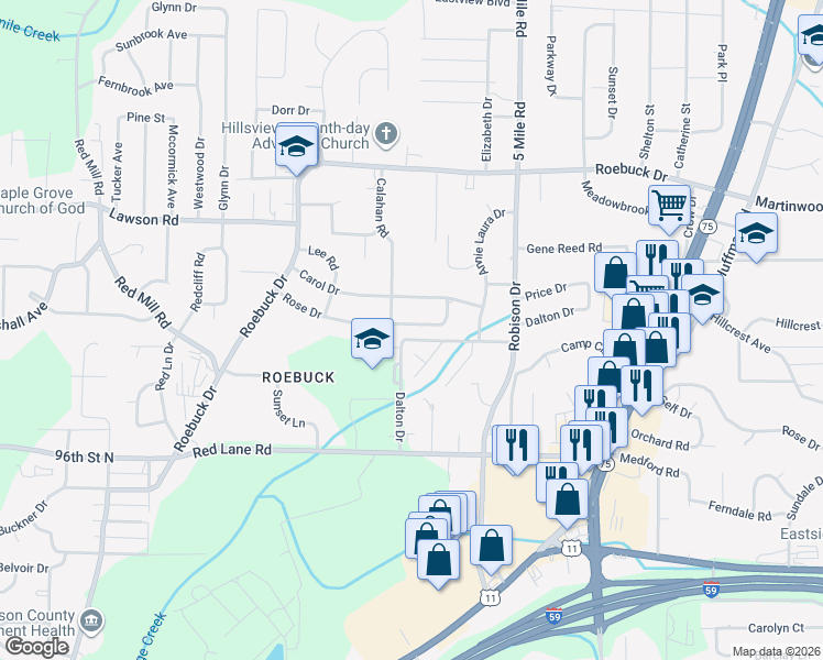 map of restaurants, bars, coffee shops, grocery stores, and more near 212 Rose Drive in Birmingham