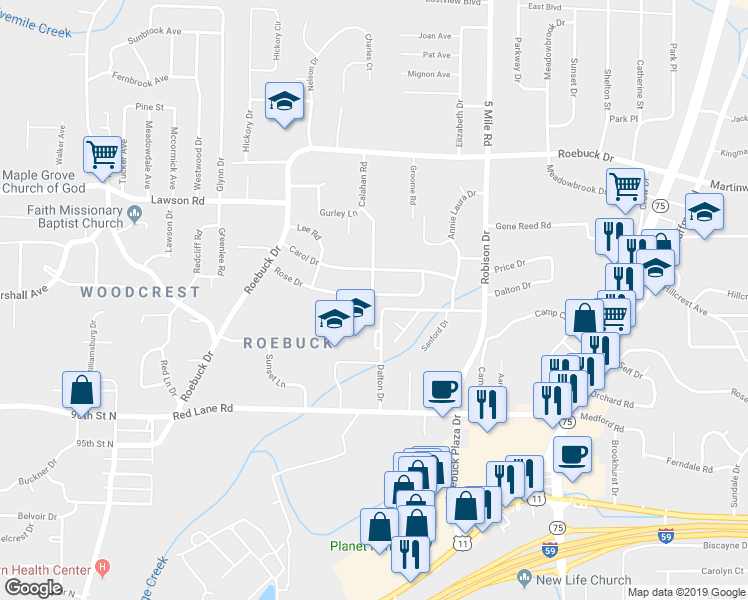 map of restaurants, bars, coffee shops, grocery stores, and more near 212 Rose Drive in Birmingham