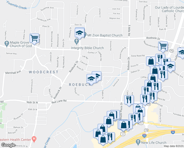 map of restaurants, bars, coffee shops, grocery stores, and more near 136 Rose Drive in Birmingham