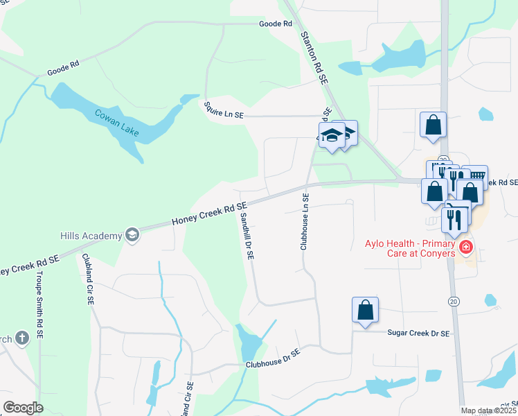 map of restaurants, bars, coffee shops, grocery stores, and more near 599 Honey Creek Rd SE in Conyers