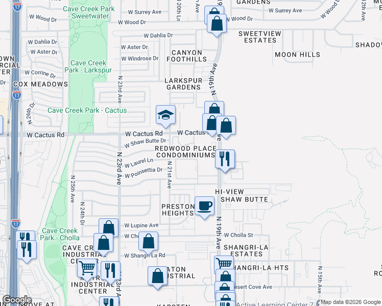 map of restaurants, bars, coffee shops, grocery stores, and more near 2015 West Cactus Road in Phoenix