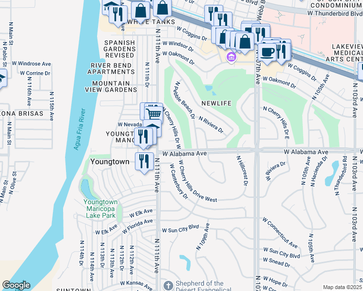 map of restaurants, bars, coffee shops, grocery stores, and more near 12226 North Pebble Beach Drive in Sun City