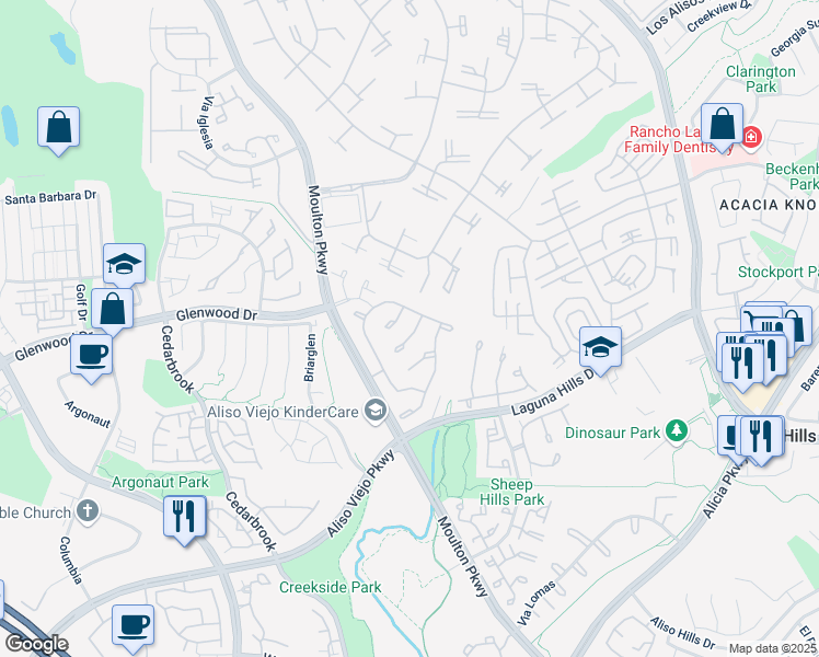 map of restaurants, bars, coffee shops, grocery stores, and more near 30 Jasmine Creek Lane in Laguna Hills