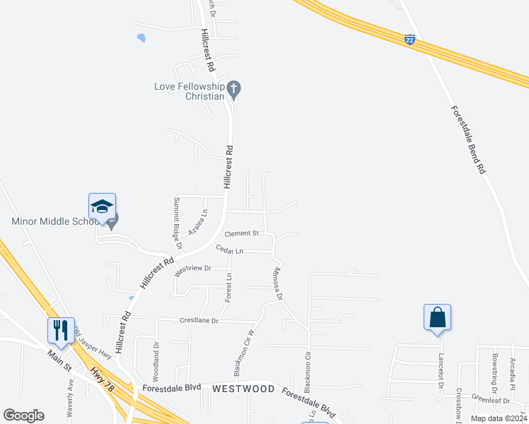 map of restaurants, bars, coffee shops, grocery stores, and more near 664 Mimosa Drive in Adamsville