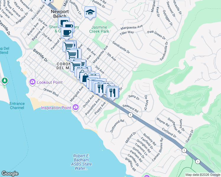 map of restaurants, bars, coffee shops, grocery stores, and more near Poinsettia Avenue in Newport Beach