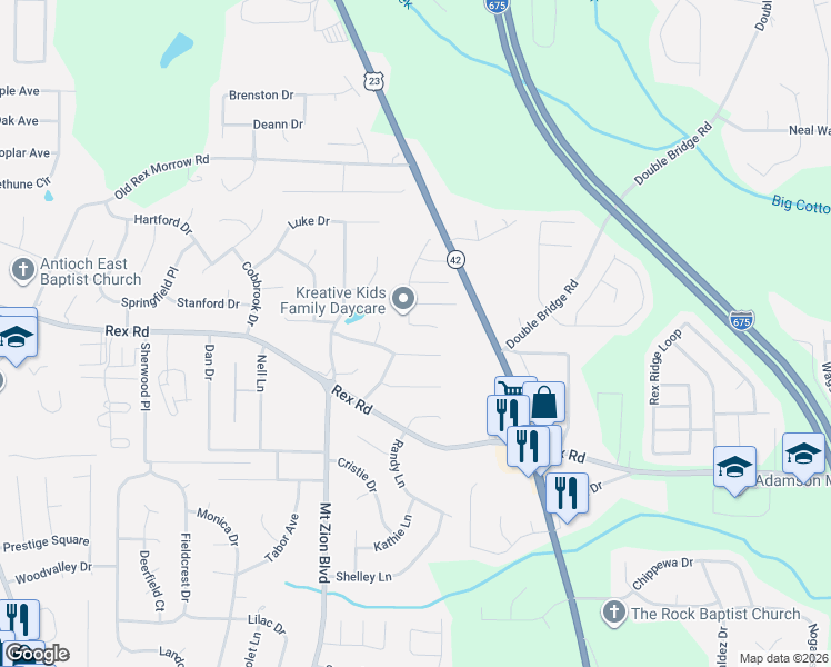 map of restaurants, bars, coffee shops, grocery stores, and more near 5867 Amerson Lane in Ellenwood