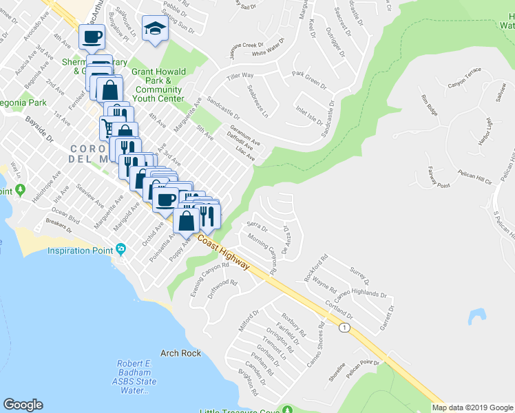 map of restaurants, bars, coffee shops, grocery stores, and more near 420 De Sola Terrace in Newport Beach