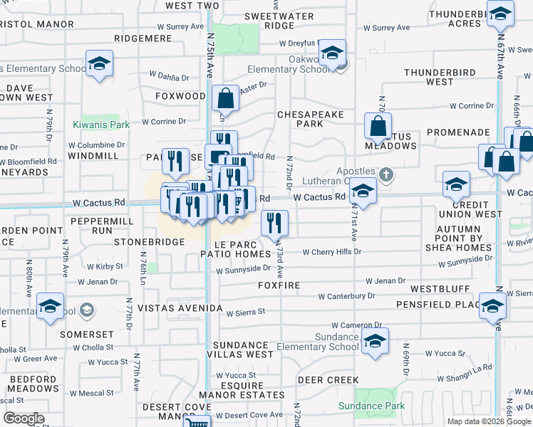 map of restaurants, bars, coffee shops, grocery stores, and more near 7290 West Shaw Butte Drive in Peoria