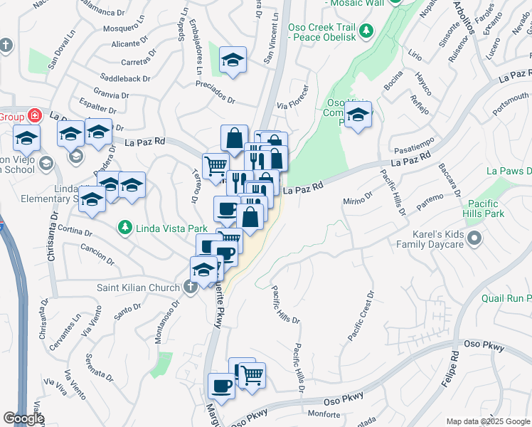 map of restaurants, bars, coffee shops, grocery stores, and more near 25270 Marguerite Parkway in Mission Viejo