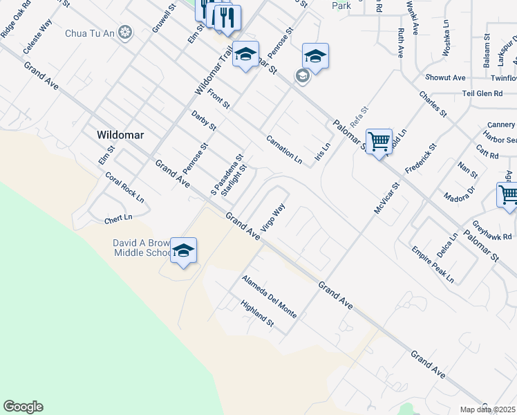 map of restaurants, bars, coffee shops, grocery stores, and more near 32921 Canyon Crest Way in Wildomar