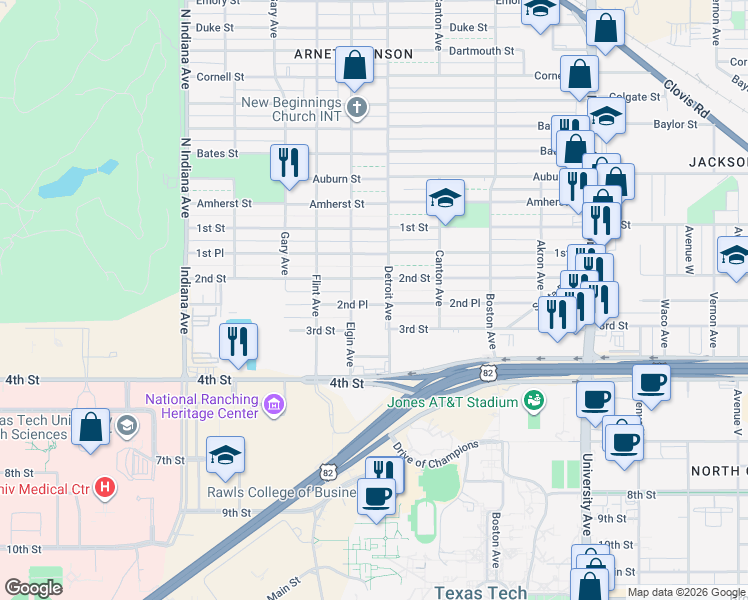 map of restaurants, bars, coffee shops, grocery stores, and more near 2909 2nd Street in Lubbock