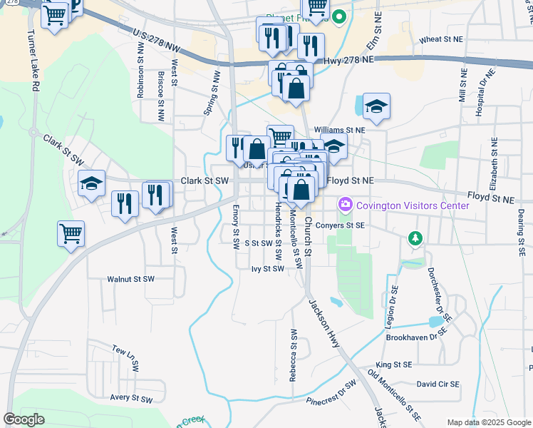 map of restaurants, bars, coffee shops, grocery stores, and more near 1179 Reynolds Street Southwest in Covington