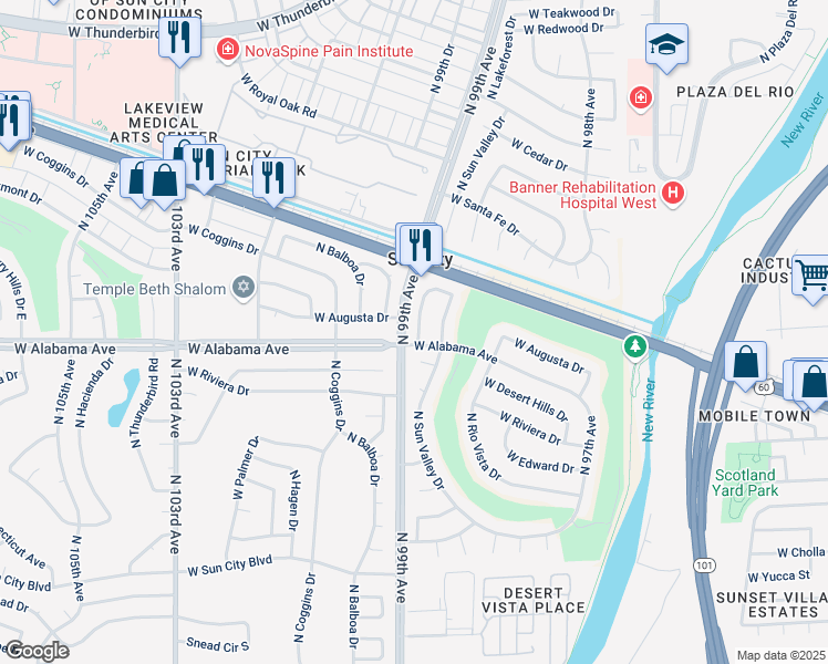 map of restaurants, bars, coffee shops, grocery stores, and more near 12206 North Lakeforest Drive in Sun City
