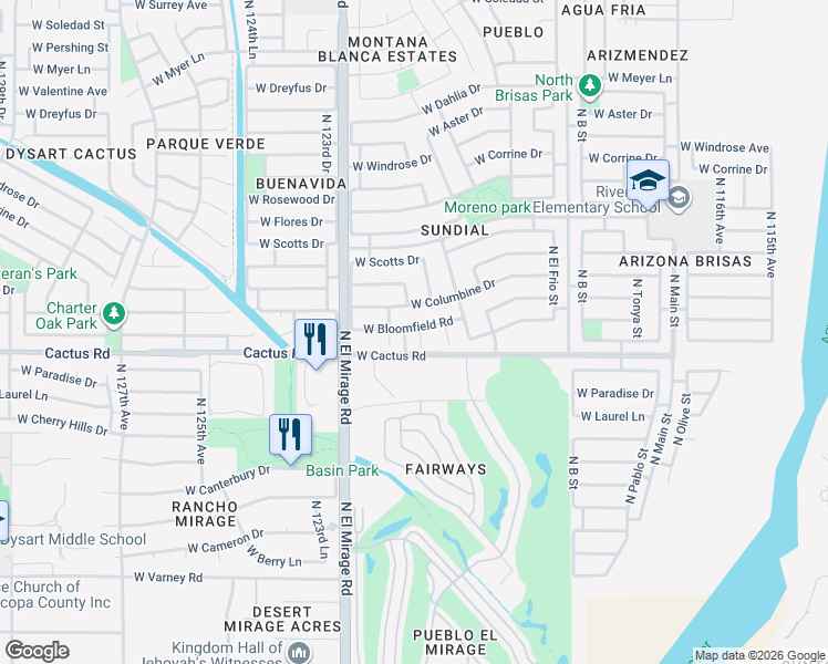 map of restaurants, bars, coffee shops, grocery stores, and more near 12138 West Bloomfield Road in El Mirage