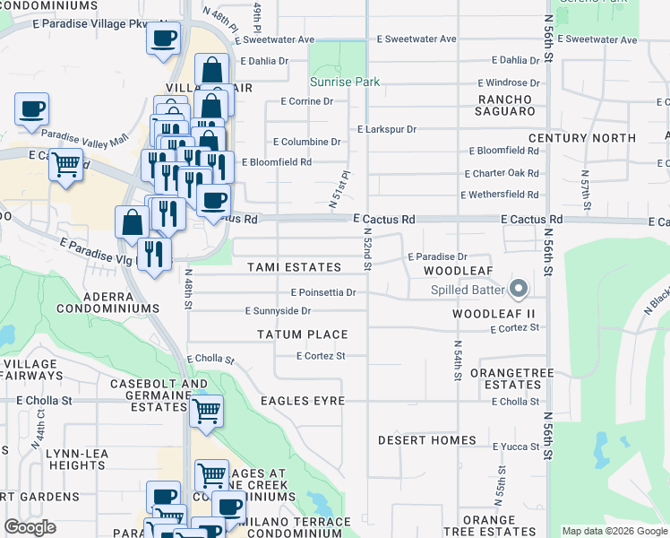 map of restaurants, bars, coffee shops, grocery stores, and more near 5119 East Paradise Drive in Scottsdale