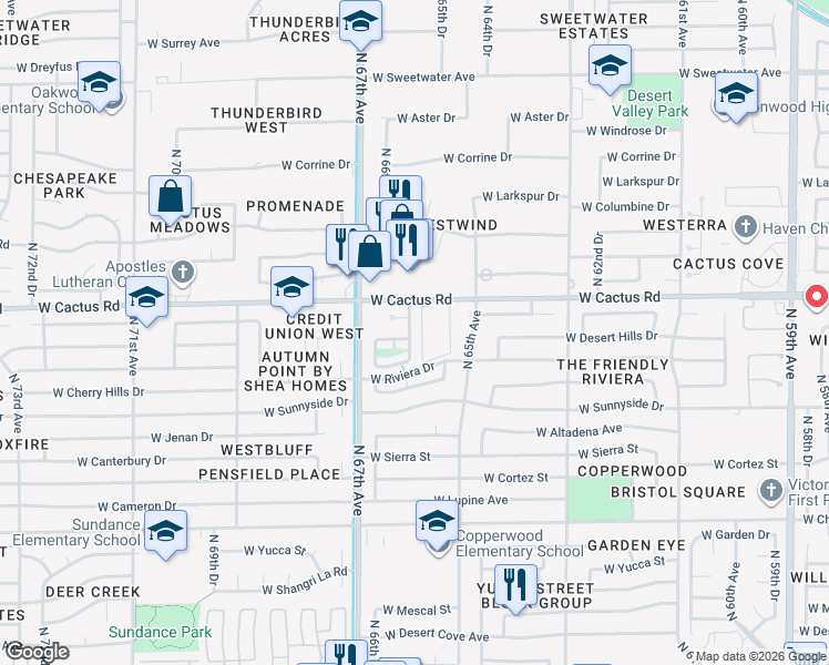 map of restaurants, bars, coffee shops, grocery stores, and more near 12091 North 66th Avenue in Glendale