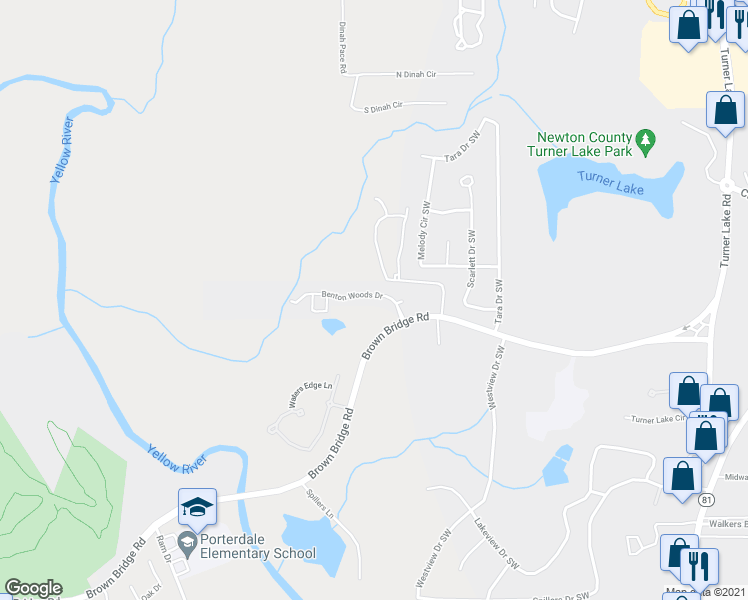 map of restaurants, bars, coffee shops, grocery stores, and more near 10151 Benton Woods Drive in Covington