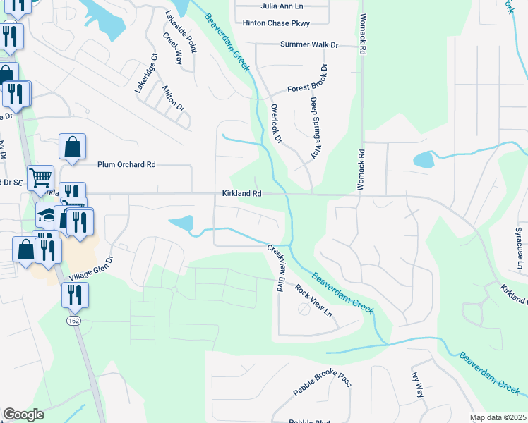 map of restaurants, bars, coffee shops, grocery stores, and more near 135 Long Drive in Covington