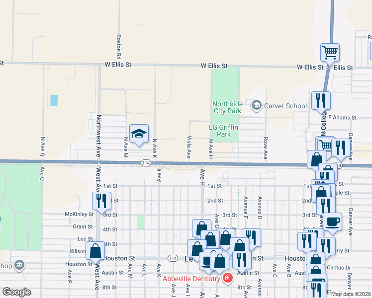 map of restaurants, bars, coffee shops, grocery stores, and more near 110 Viola Avenue in Levelland