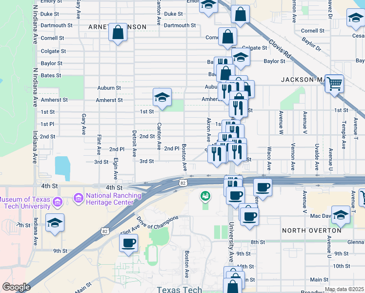map of restaurants, bars, coffee shops, grocery stores, and more near 2709 2nd Street in Lubbock