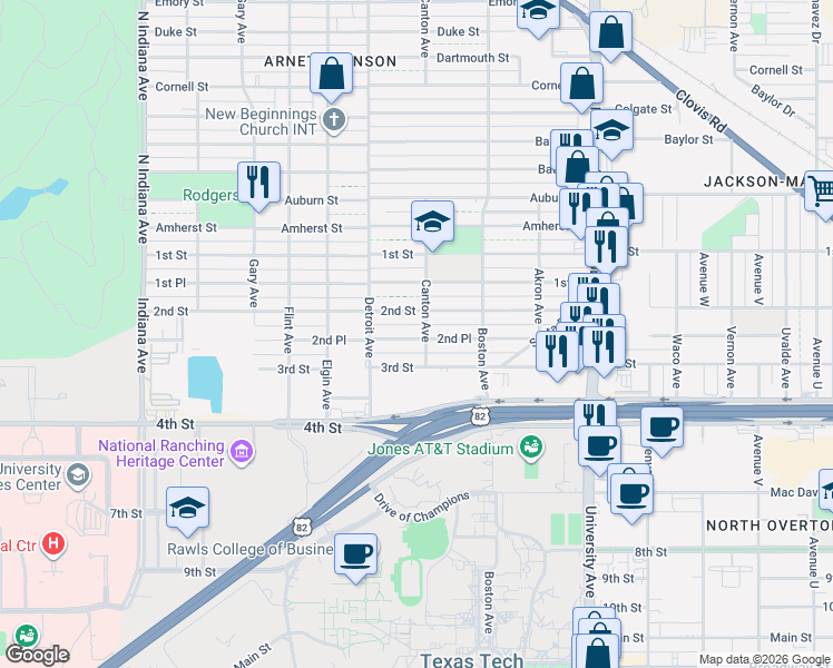 map of restaurants, bars, coffee shops, grocery stores, and more near 2802 2nd Place in Lubbock