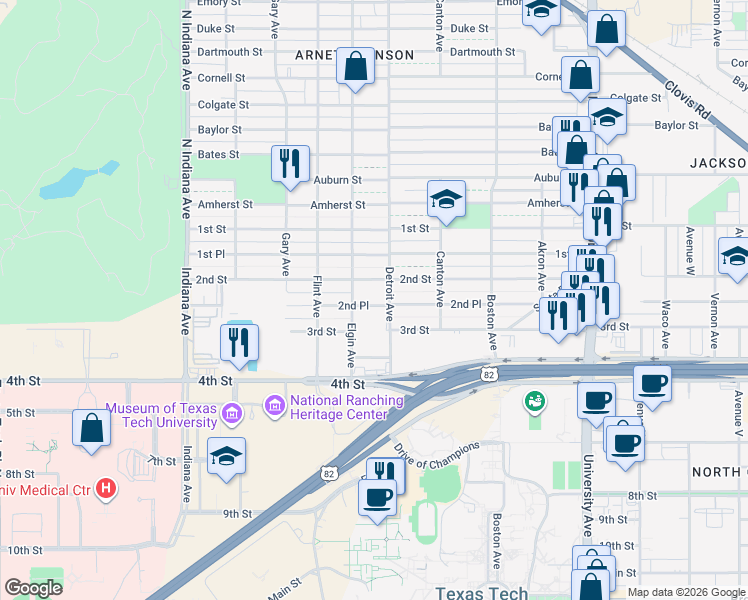 map of restaurants, bars, coffee shops, grocery stores, and more near 2909 2nd Street in Lubbock