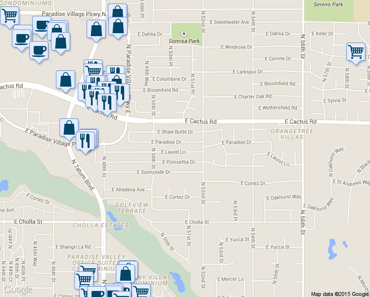 map of restaurants, bars, coffee shops, grocery stores, and more near 5119 East Paradise Drive in Scottsdale